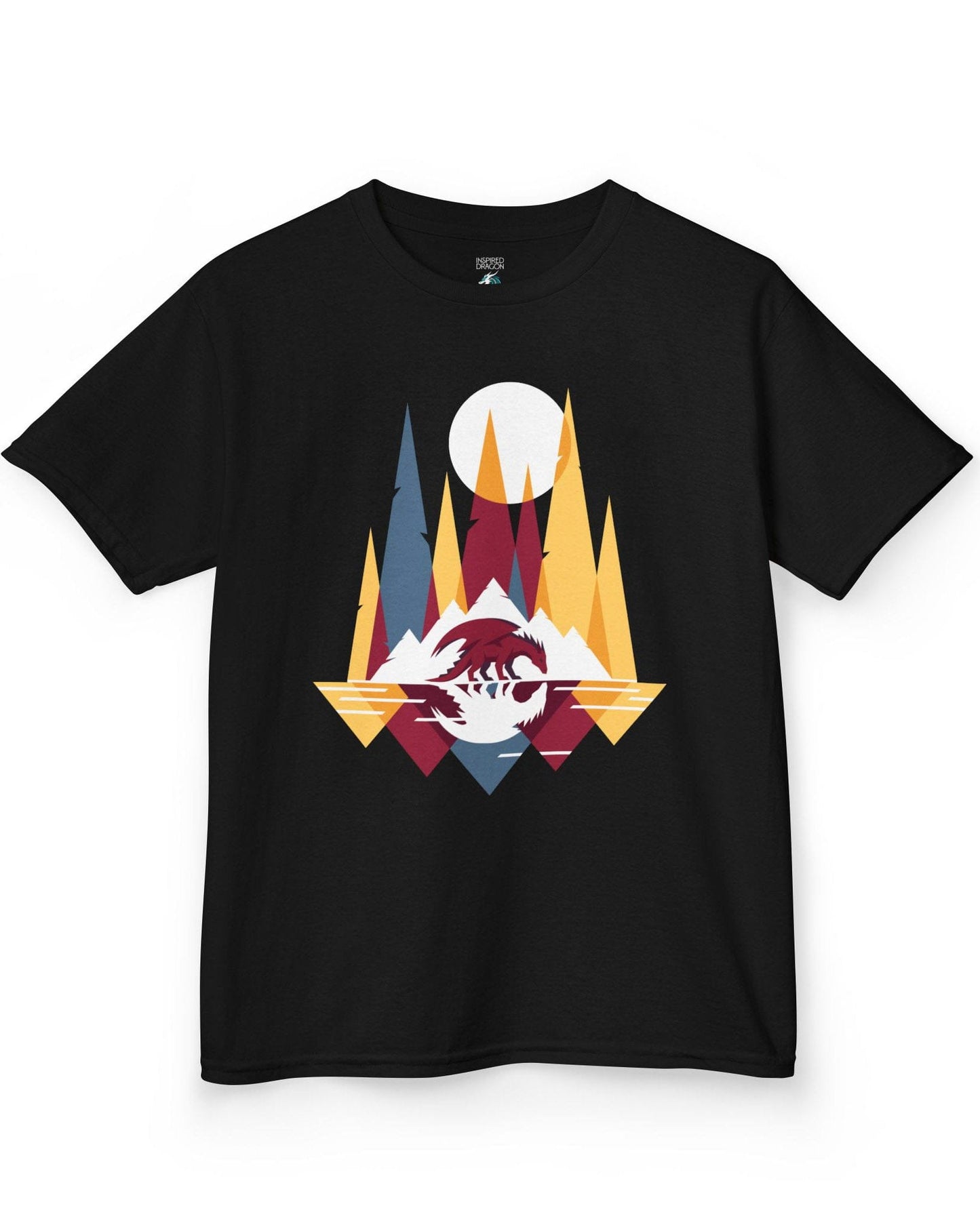 Serene Geometry shirt in black featuring a minimalist geometric dragon with mountains and a moon.