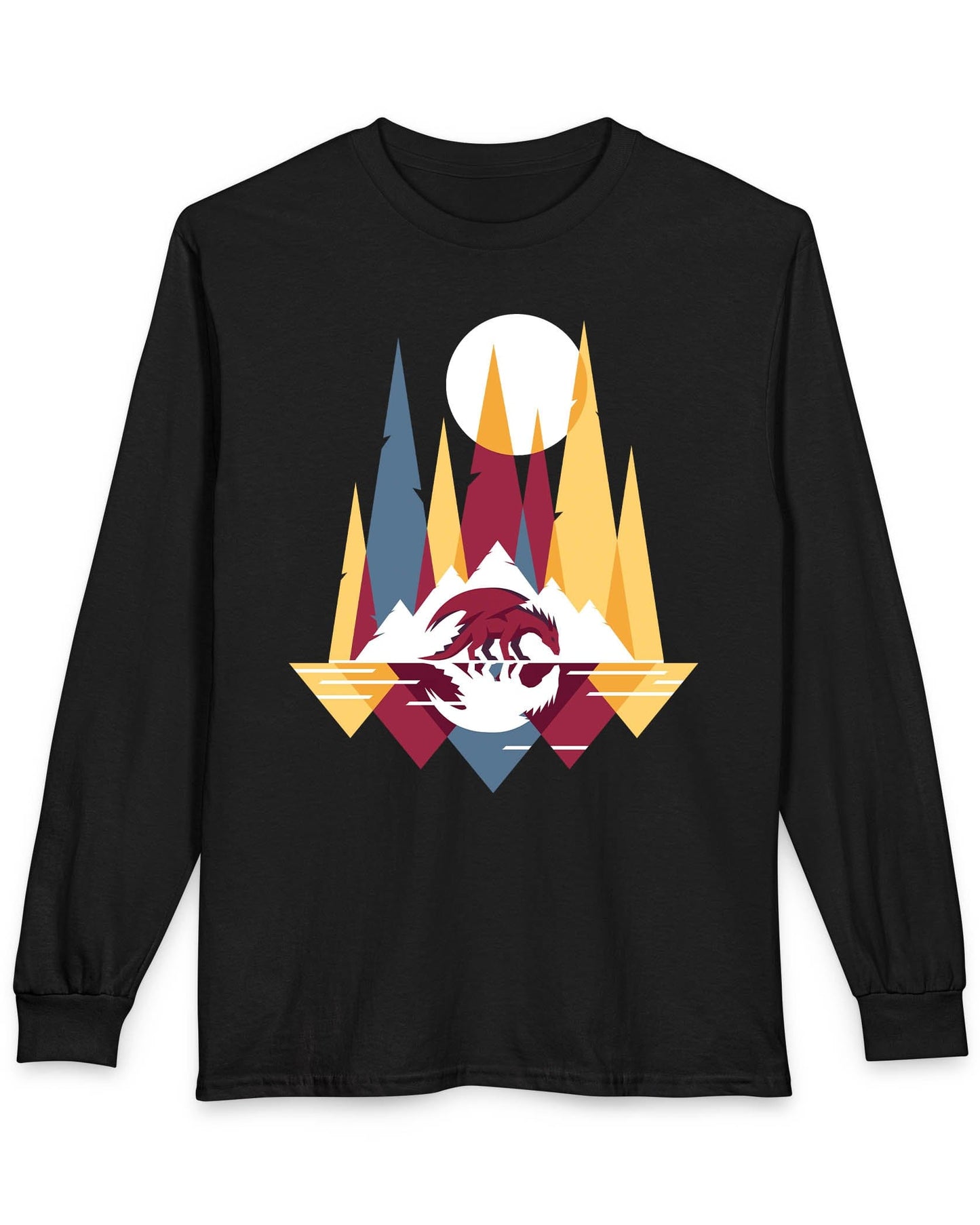 Serene Geometry shirt in black featuring a minimalist geometric dragon with mountains and a moon