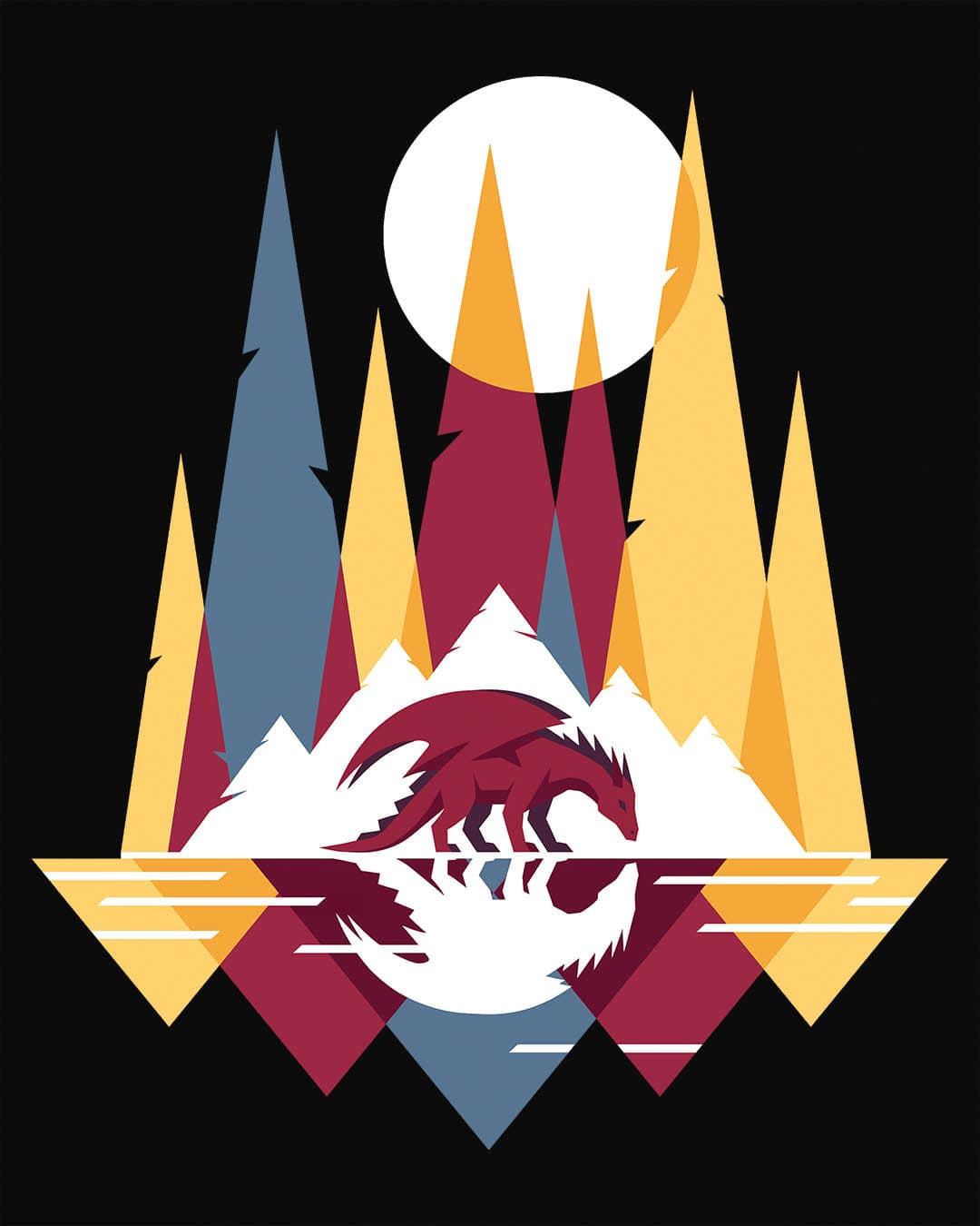 Serene Geometry shirt in black featuring a minimalist geometric dragon with mountains and a moon.