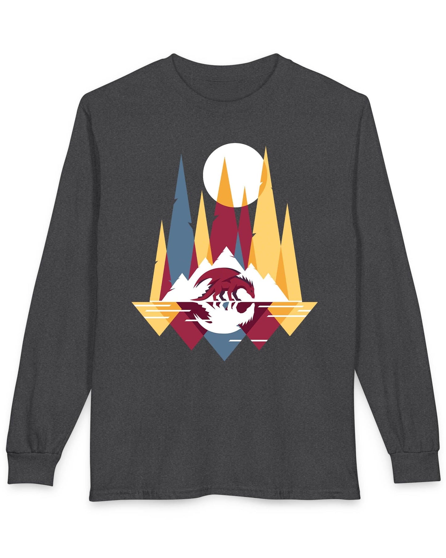 Serene Geometry shirt in dark heather featuring a minimalist geometric dragon with mountains and a moon