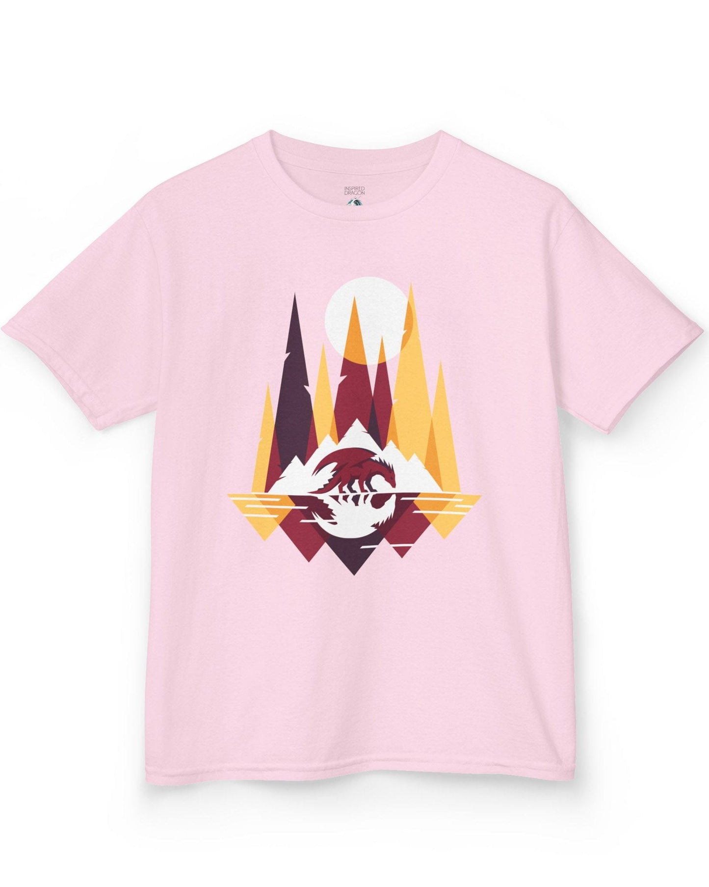 Serene Geometry shirt in light pink featuring a minimalist geometric dragon with mountains and a moon.