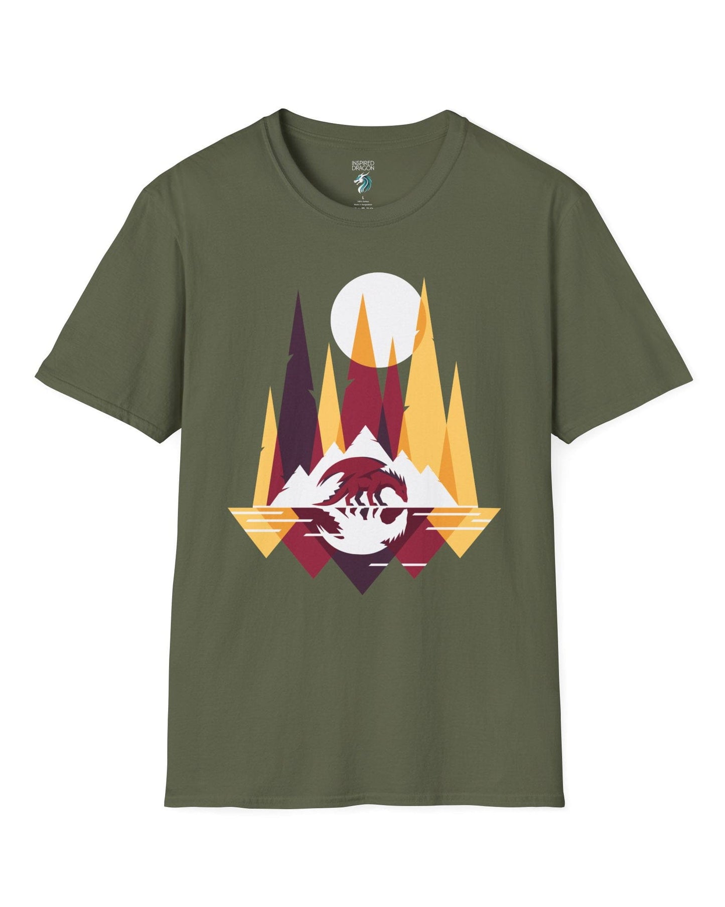 Serene Geometry shirt in military green featuring a minimalist geometric dragon with mountains and a moon.