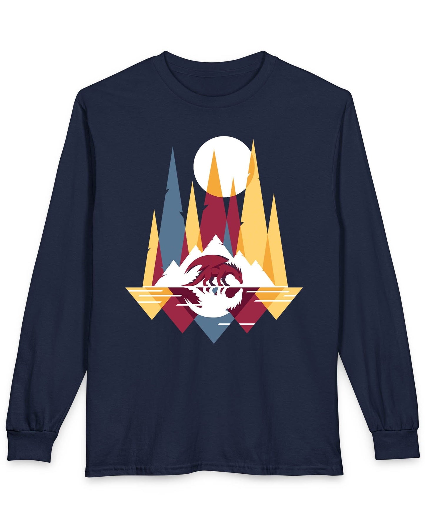 Serene Geometry shirt in navy featuring a minimalist geometric dragon with mountains and a moon