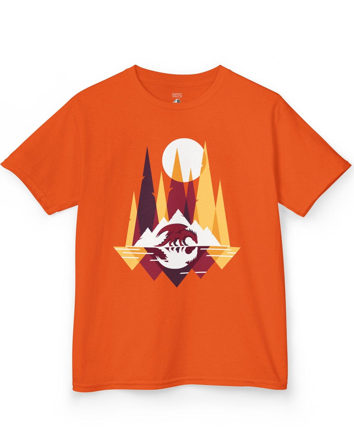 Serene Geometry shirt in orange featuring a minimalist geometric dragon with mountains and a moon.