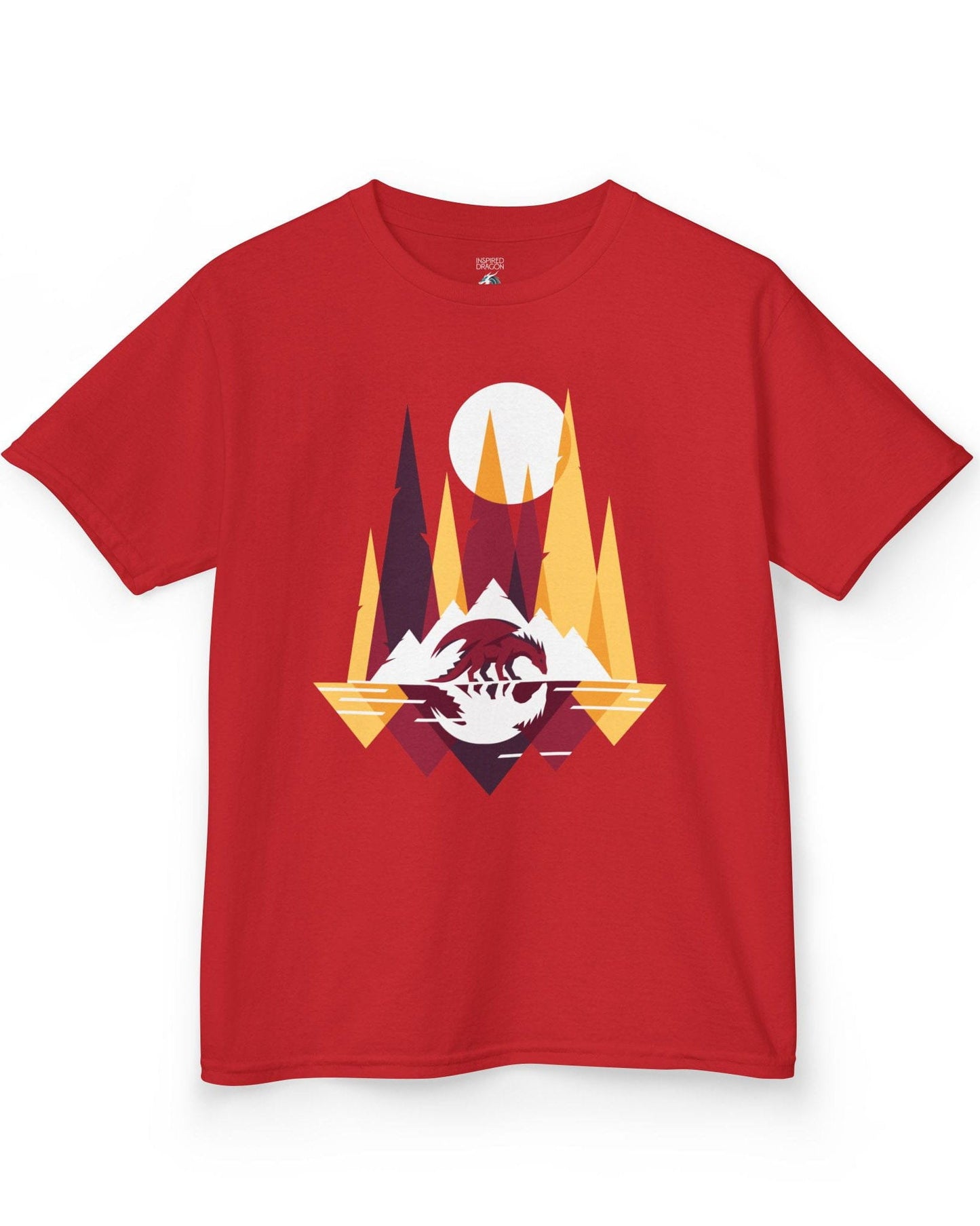 Serene Geometry shirt in red featuring a minimalist geometric dragon with mountains and a moon.