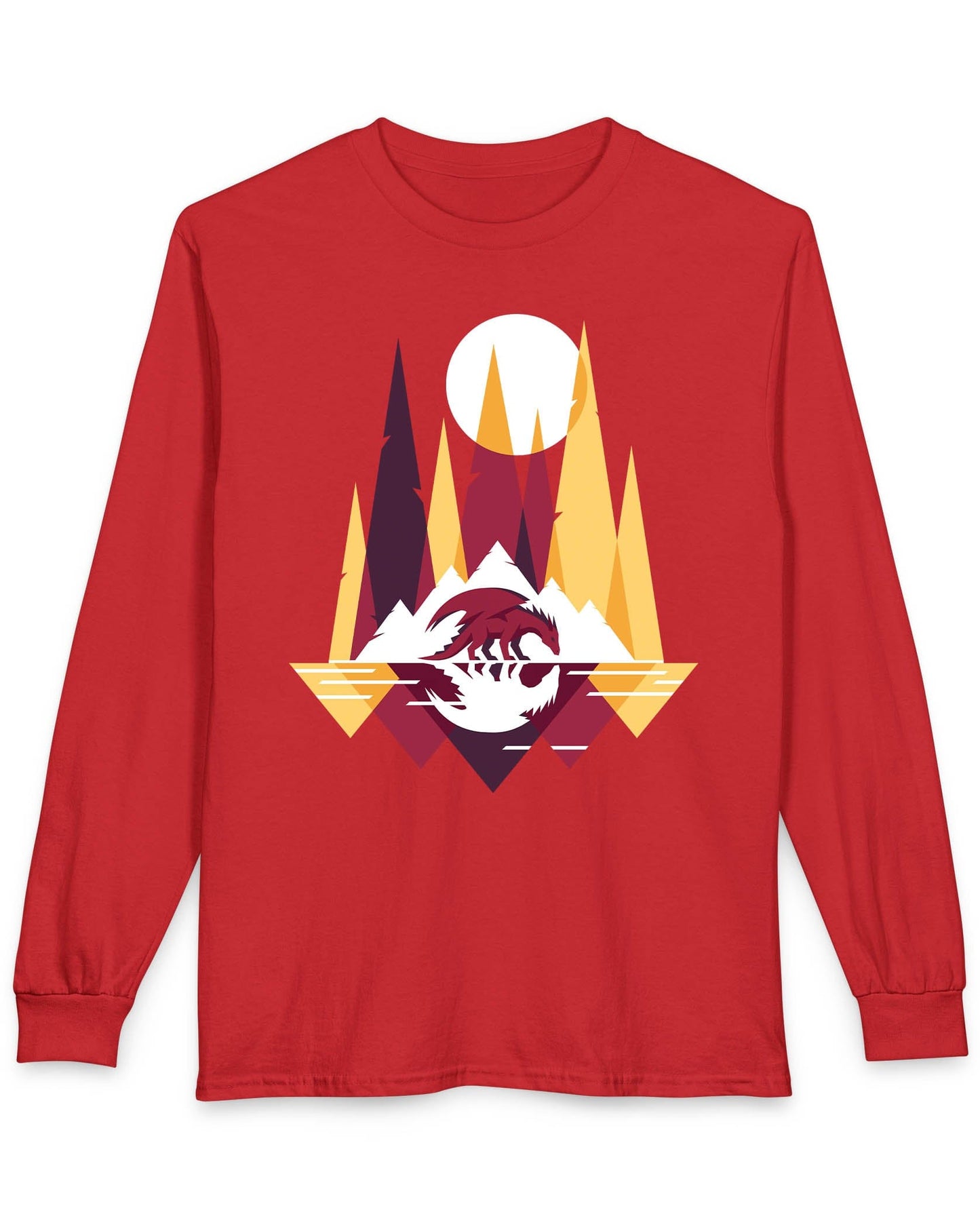 Serene Geometry shirt in red featuring a minimalist geometric dragon with mountains and a moon