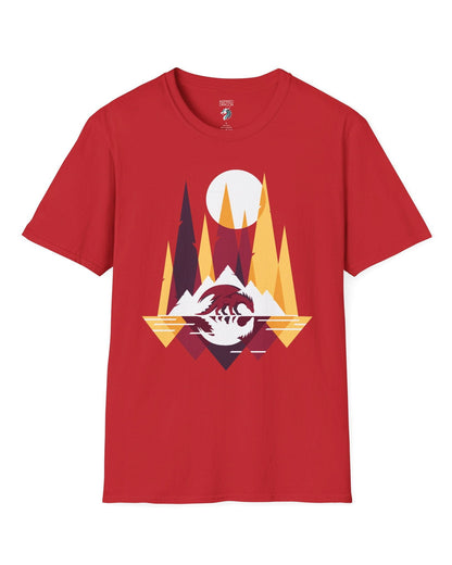 Serene Geometry shirt in red featuring a minimalist geometric dragon with mountains and a moon.