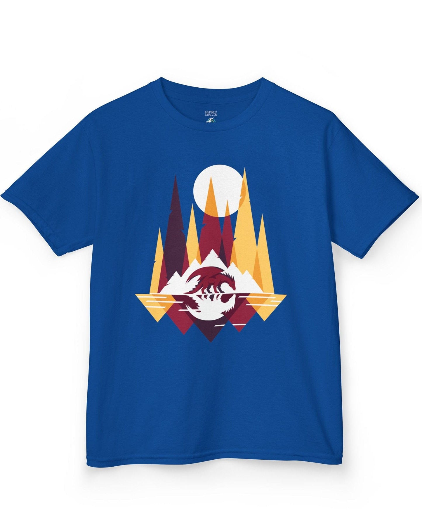 Serene Geometry shirt in royal blue featuring a minimalist geometric dragon with mountains and a moon.