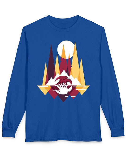 Serene Geometry shirt in royal blue featuring a minimalist geometric dragon with mountains and a moon