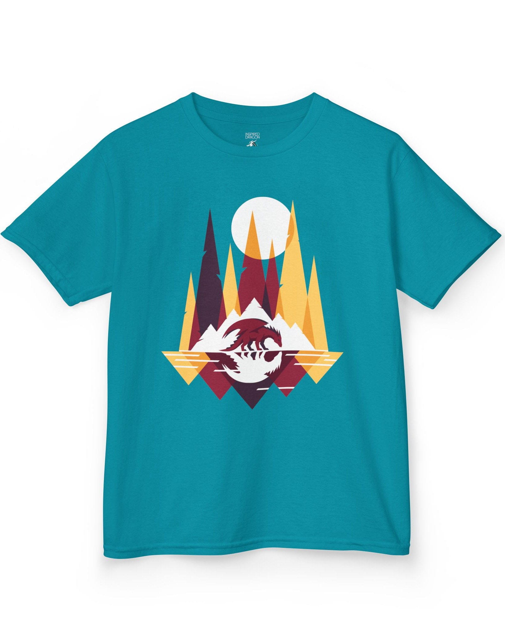 Serene Geometry shirt in tropical blue featuring a minimalist geometric dragon with mountains and a moon.