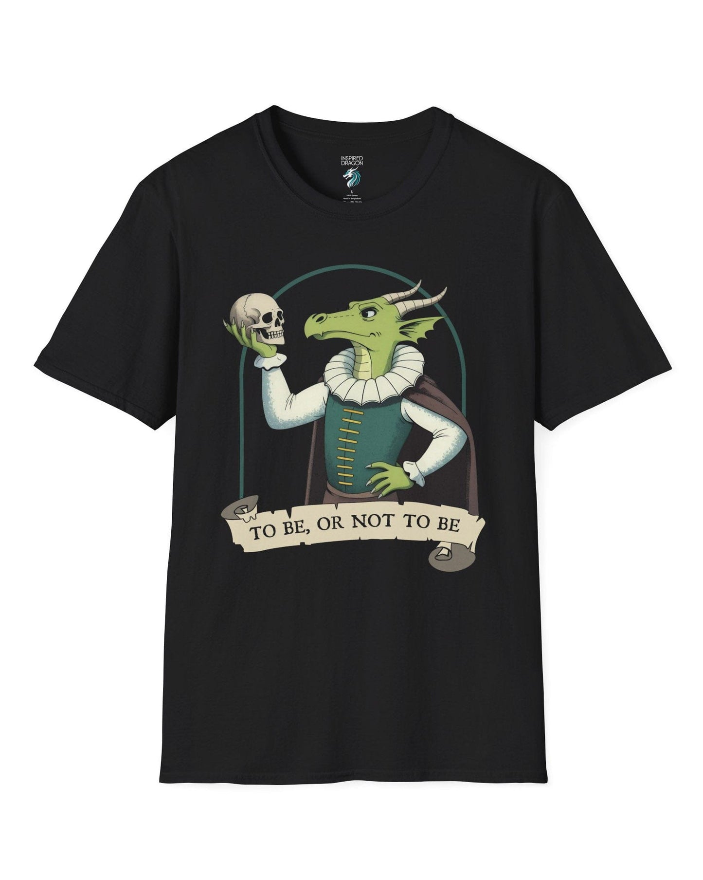 To Be or Not to Be shirt in black featuring a green dragon in Shakespearean attire holding a skull.