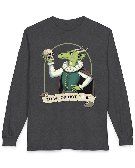 To Be or Not to Be shirt in dark heather featuring a green dragon in Shakespearean attire holding a skull