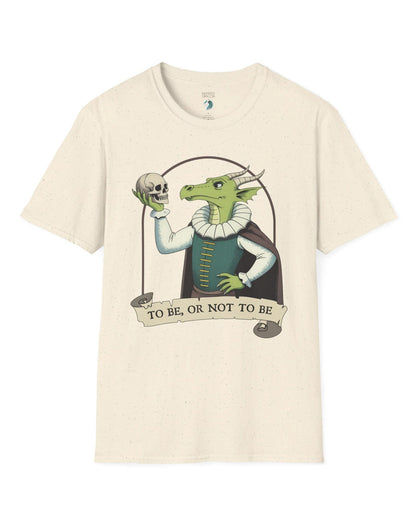 To Be or Not to Be shirt in natural featuring a green dragon in Shakespearean attire holding a skull.