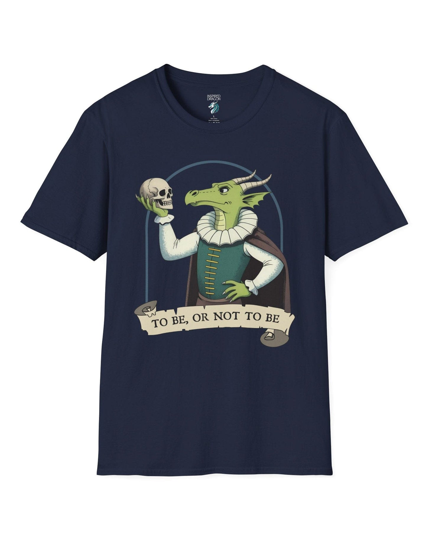 To Be or Not to Be shirt in navy featuring a green dragon in Shakespearean attire holding a skull.