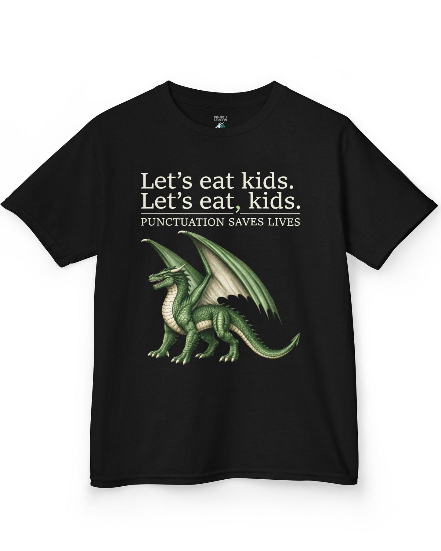 Punctuation Saves Lives shirt in black featuring a green dragon with humorous grammar-themed text