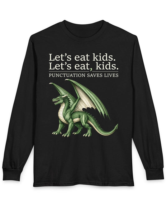 Punctuation Saves Lives shirt in black featuring a green dragon with humorous grammar-themed text