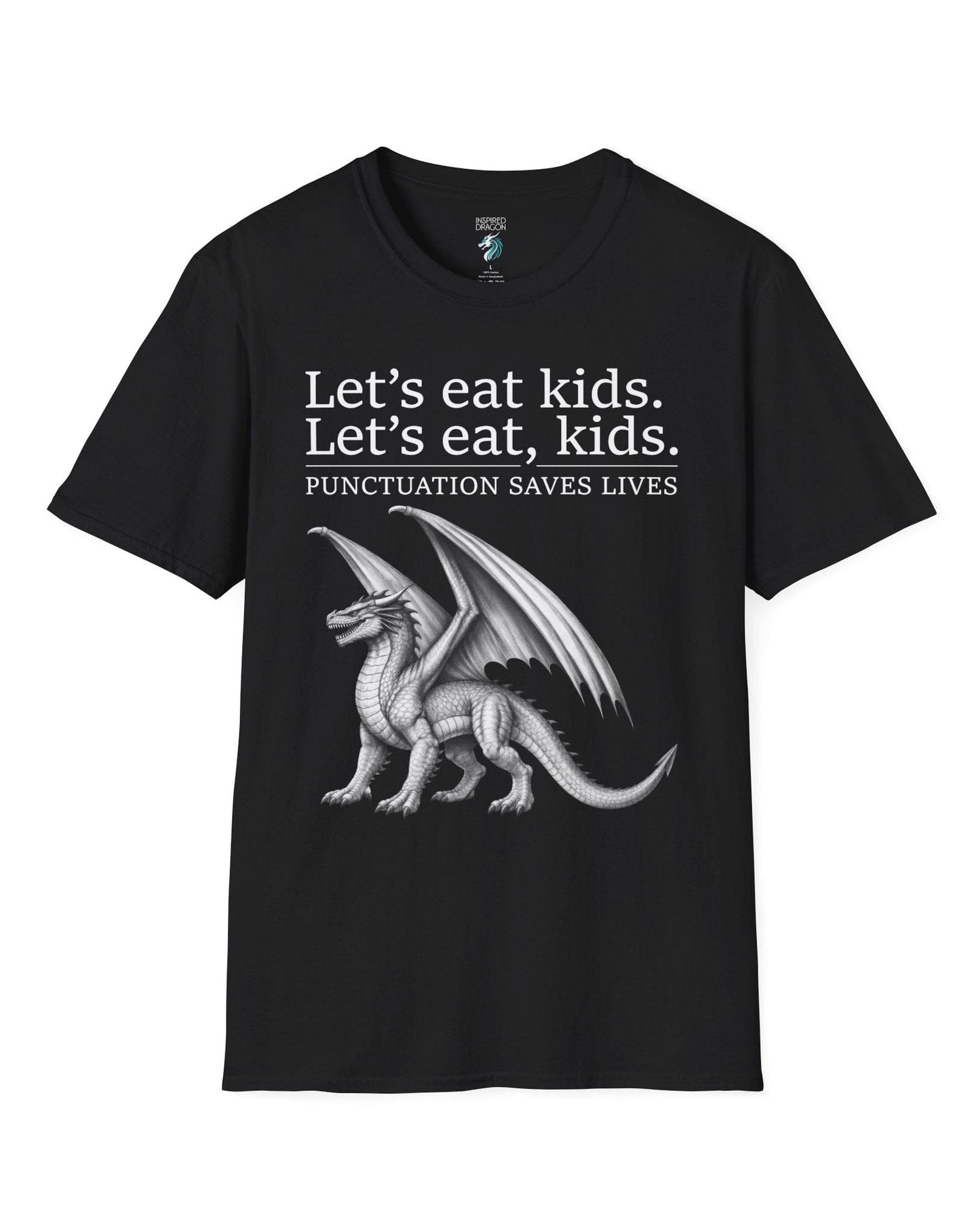 Punctuation Saves Lives shirt in black featuring a dragon illustration with humorous grammar-themed text.