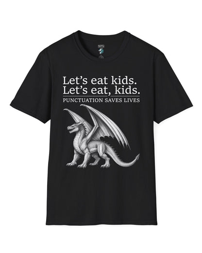 Punctuation Saves Lives shirt in black featuring a dragon illustration with humorous grammar-themed text.