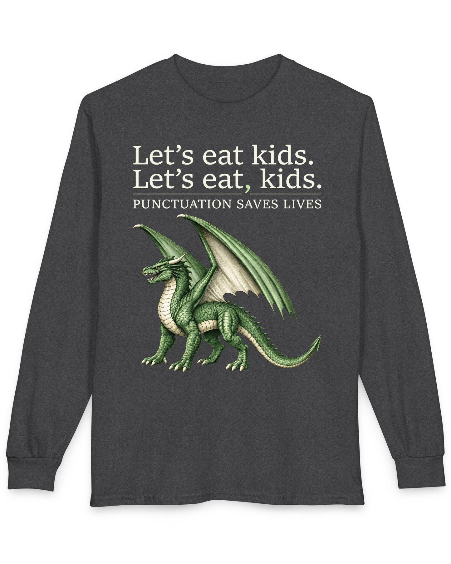 Punctuation Saves Lives shirt in dark heather featuring a green dragon with humorous grammar-themed text