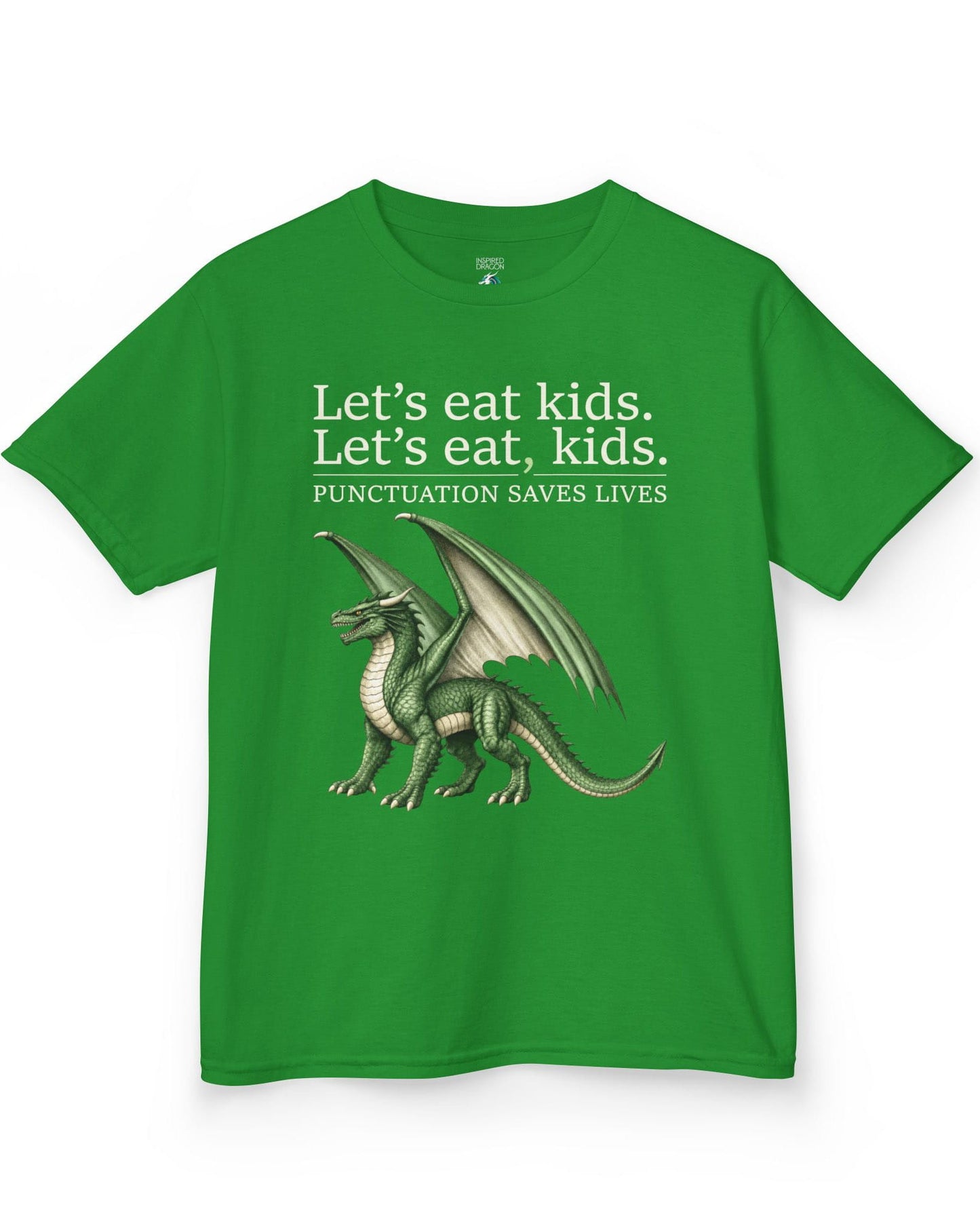 Punctuation Saves Lives shirt in Irish green featuring a green dragon with humorous grammar-themed text