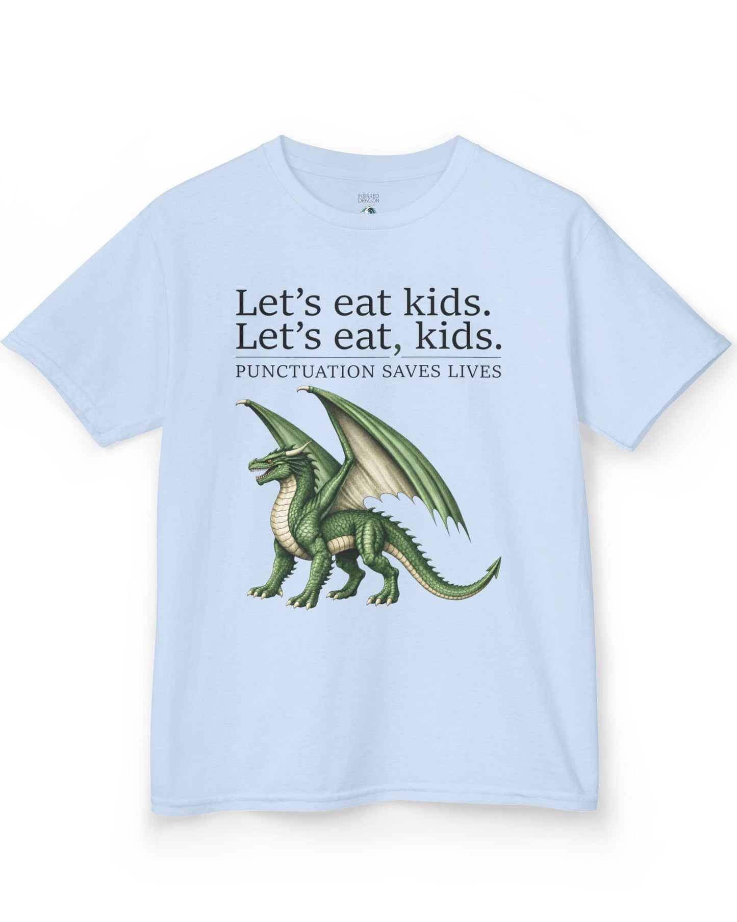 Punctuation Saves Lives shirt in light blue featuring a green dragon with humorous grammar-themed text