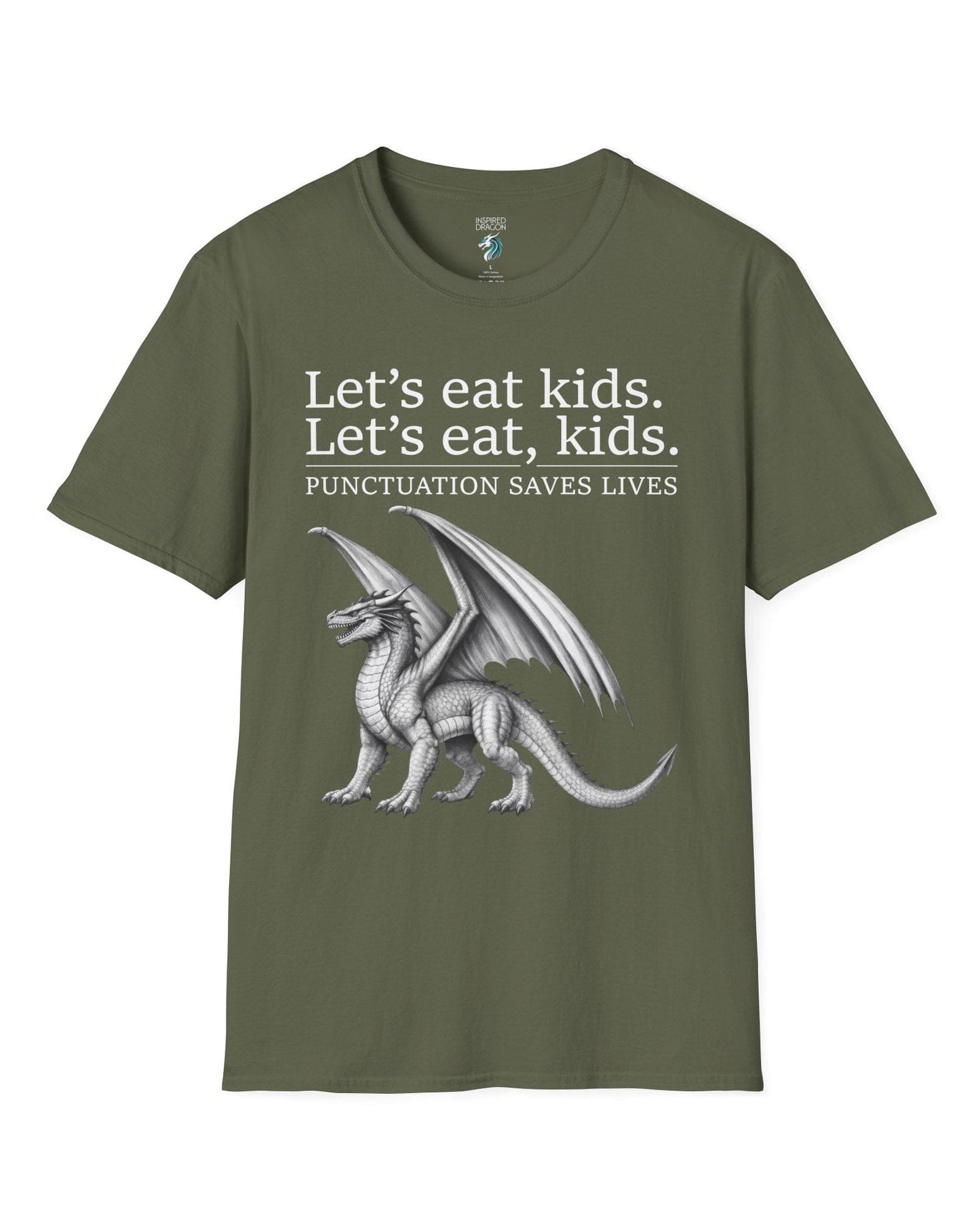 Punctuation Saves Lives shirt in military green featuring a dragon illustration with humorous grammar-themed text.