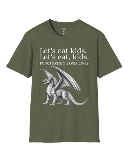 Punctuation Saves Lives shirt in military green featuring a dragon illustration with humorous grammar-themed text.