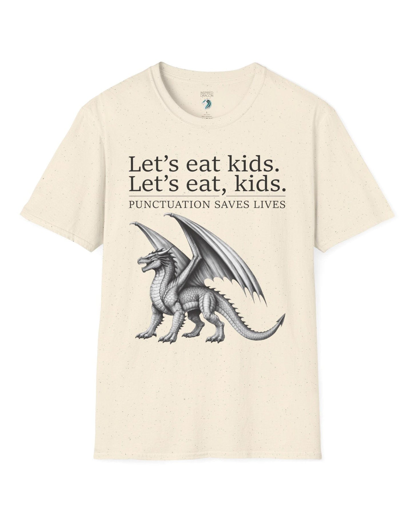 Punctuation Saves Lives shirt in natural featuring a dragon illustration with humorous grammar-themed text.