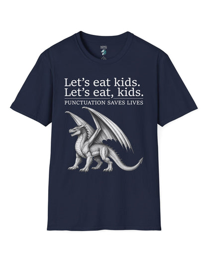 Punctuation Saves Lives shirt in navy featuring a dragon illustration with humorous grammar-themed text.
