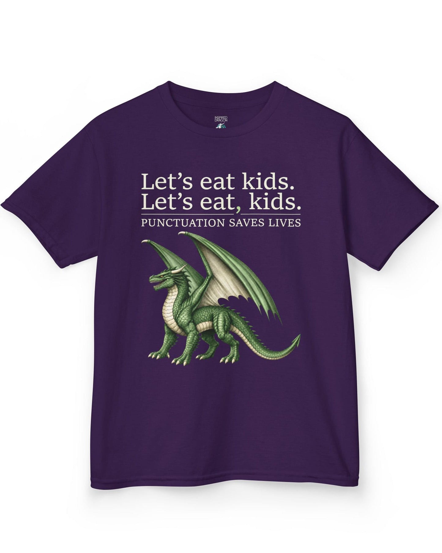 Punctuation Saves Lives shirt in purple featuring a green dragon with humorous grammar-themed text