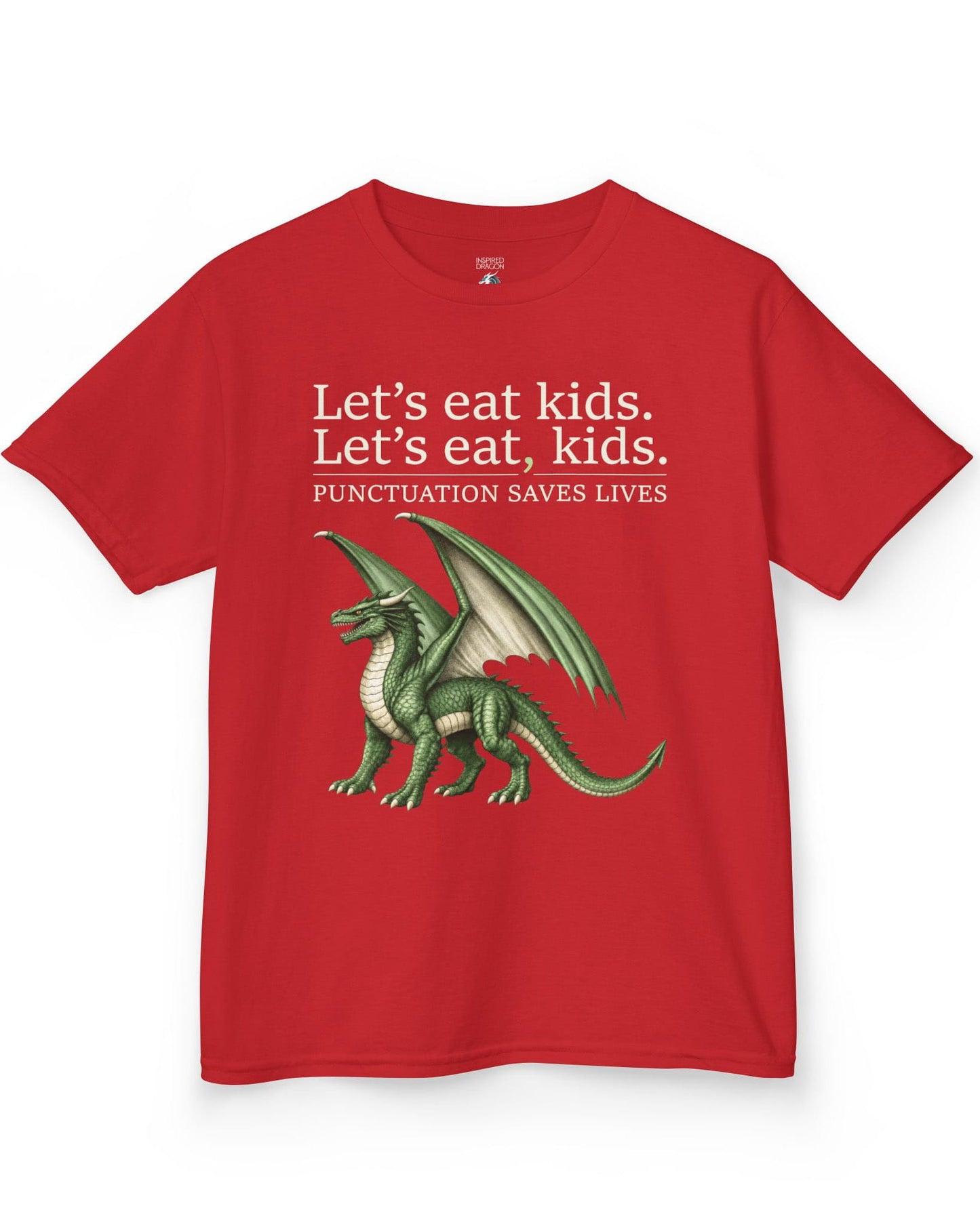 Punctuation Saves Lives shirt in red featuring a green dragon with humorous grammar-themed text