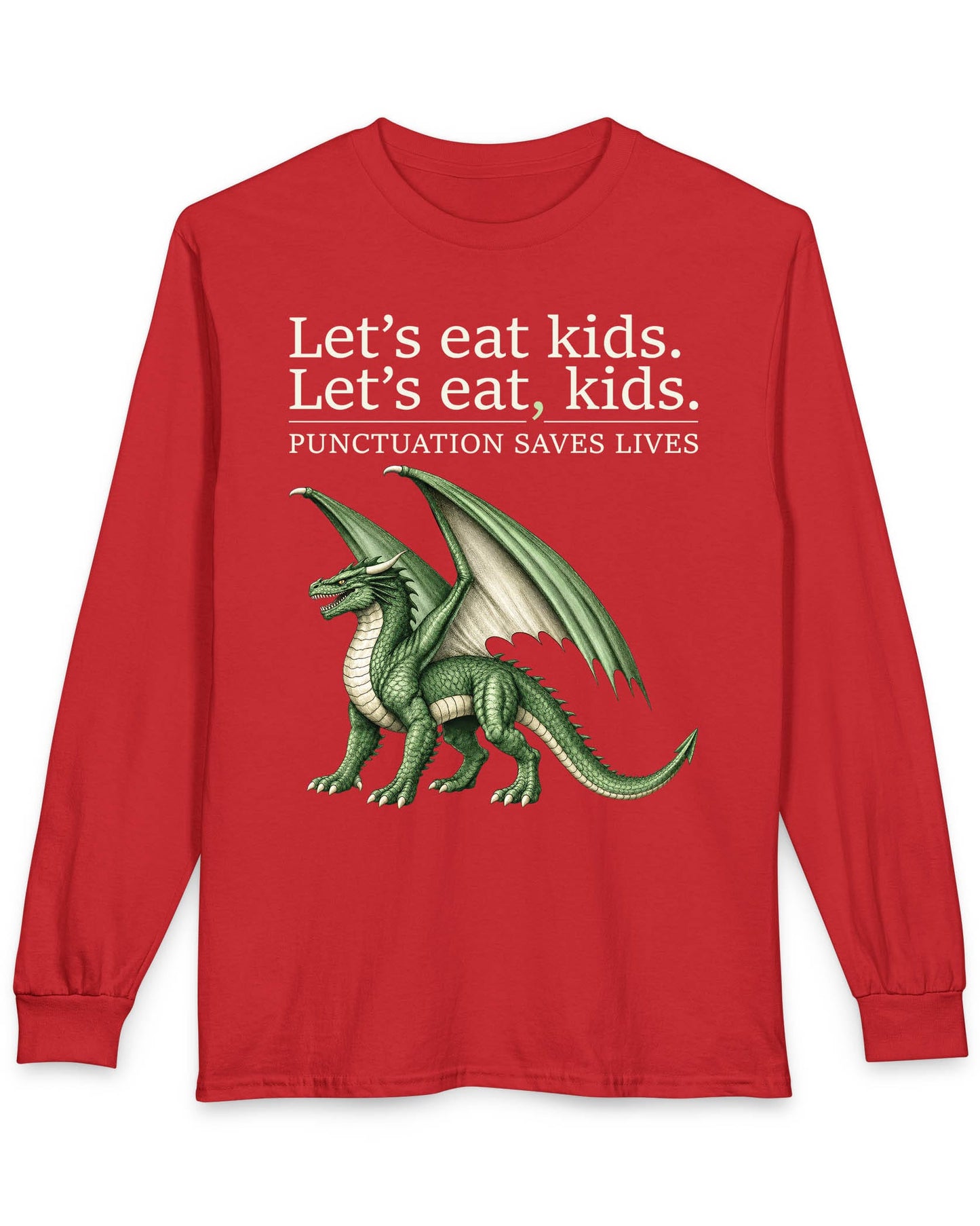 Punctuation Saves Lives shirt in red featuring a green dragon with humorous grammar-themed text