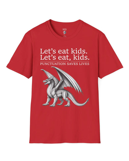 Punctuation Saves Lives shirt in red featuring a dragon illustration with humorous grammar-themed text.