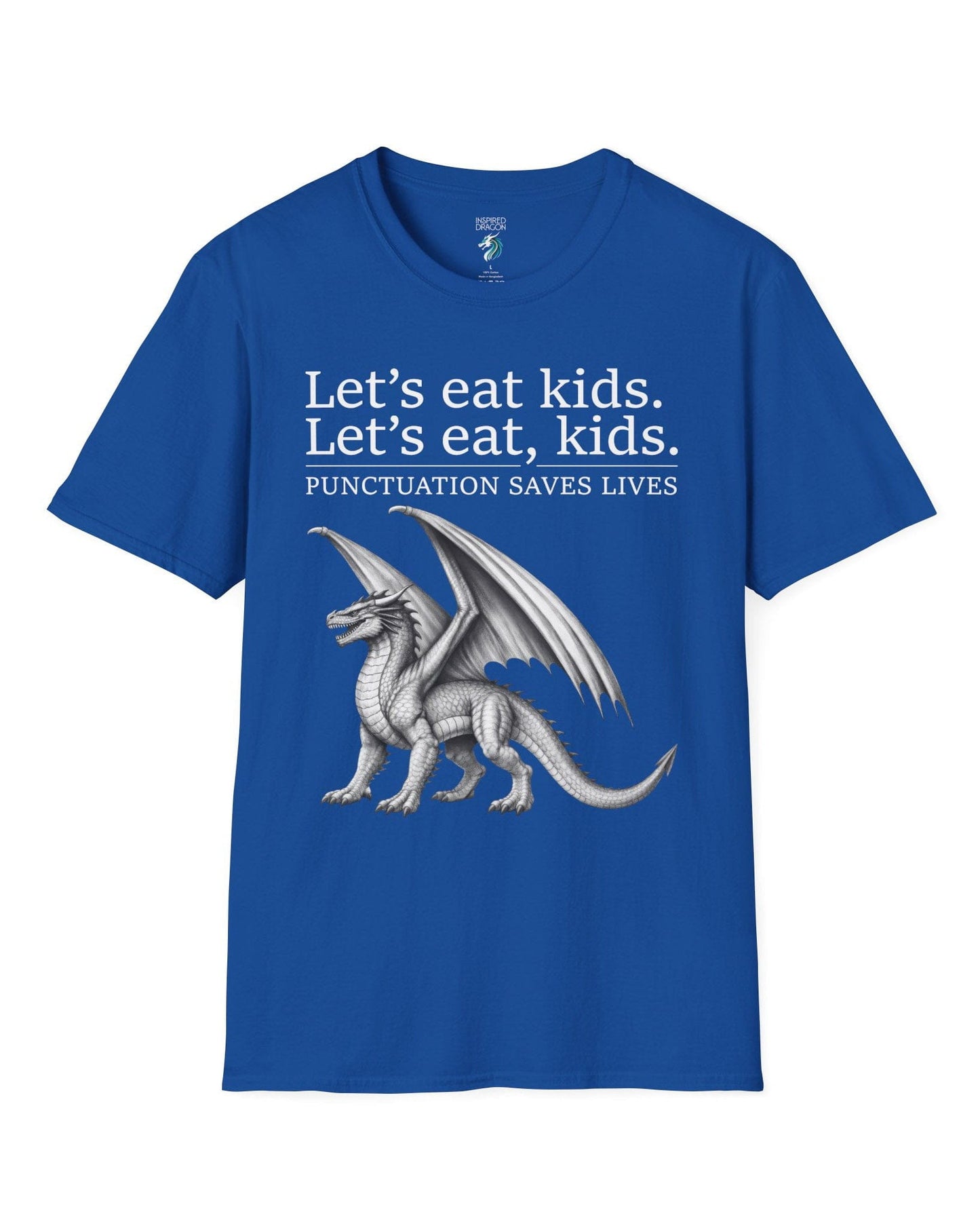 Punctuation Saves Lives shirt in royal blue featuring a dragon illustration with humorous grammar-themed text.