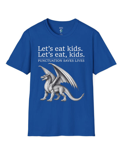 Punctuation Saves Lives shirt in royal blue featuring a dragon illustration with humorous grammar-themed text.