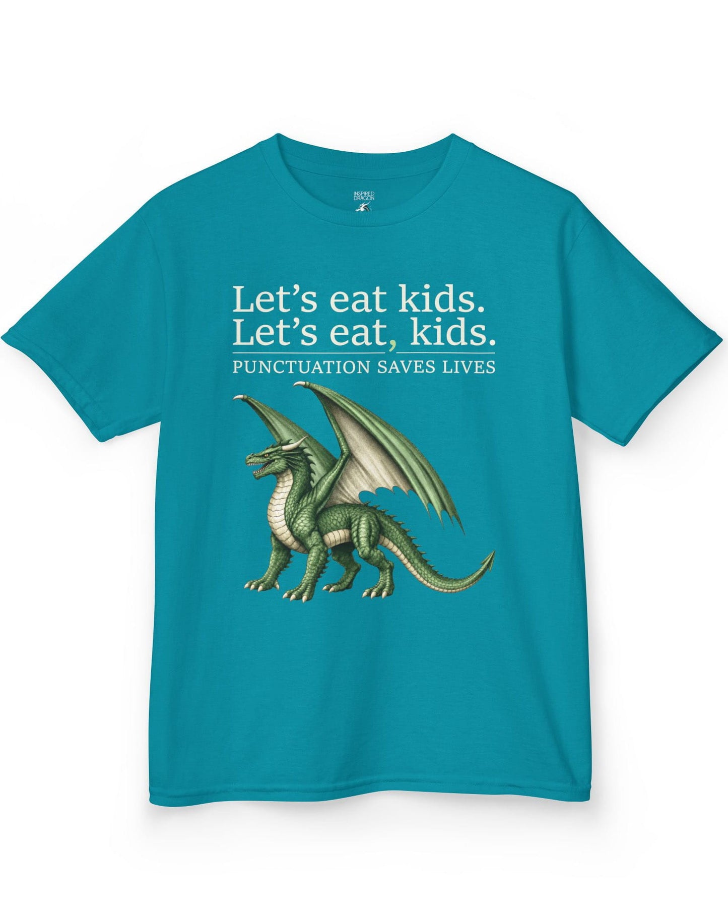 Punctuation Saves Lives shirt in tropical blue featuring a green dragon with humorous grammar-themed text