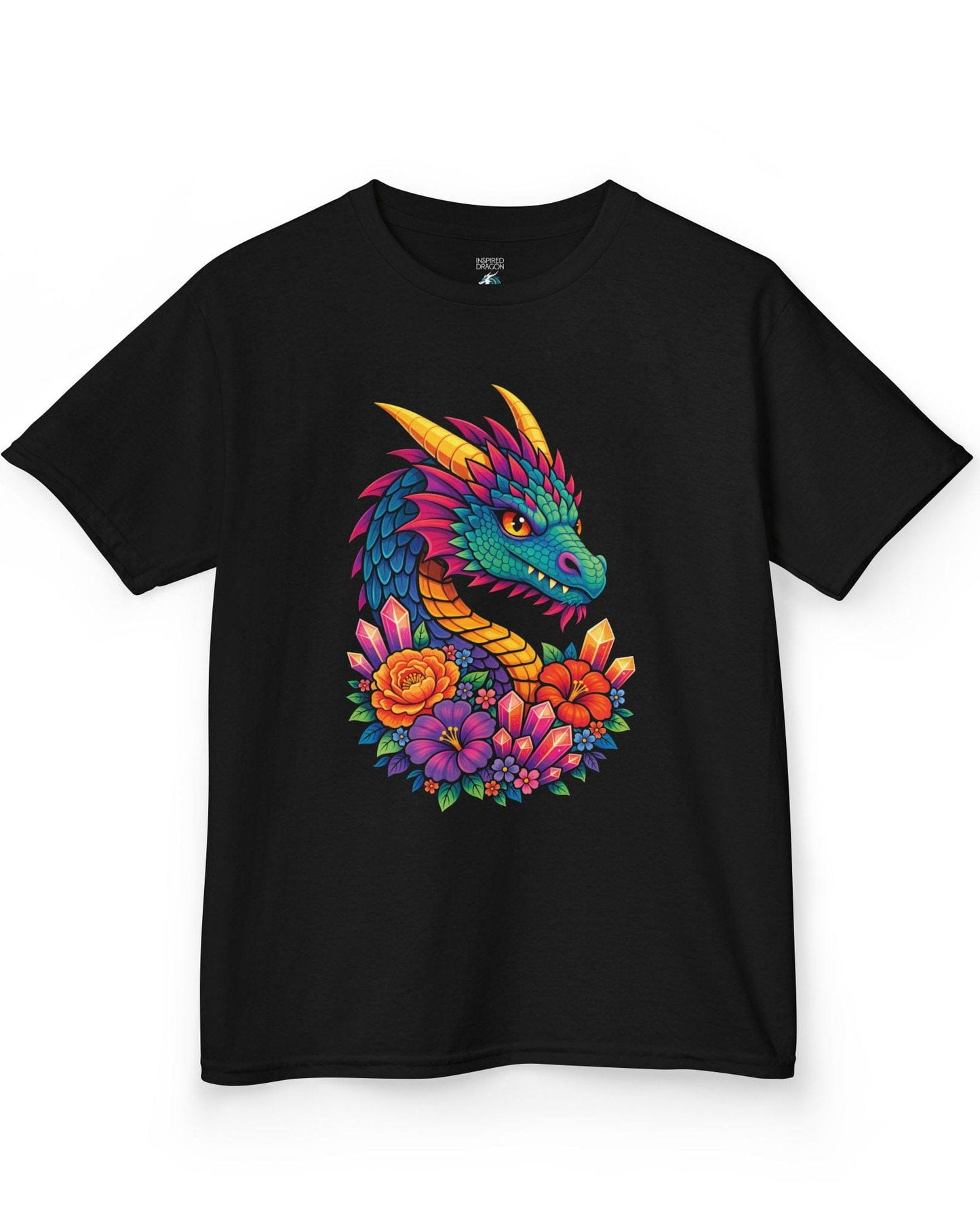 Crystal Bloom Dragon shirt in black featuring a vibrant dragon surrounded by colorful flowers and glowing crystals