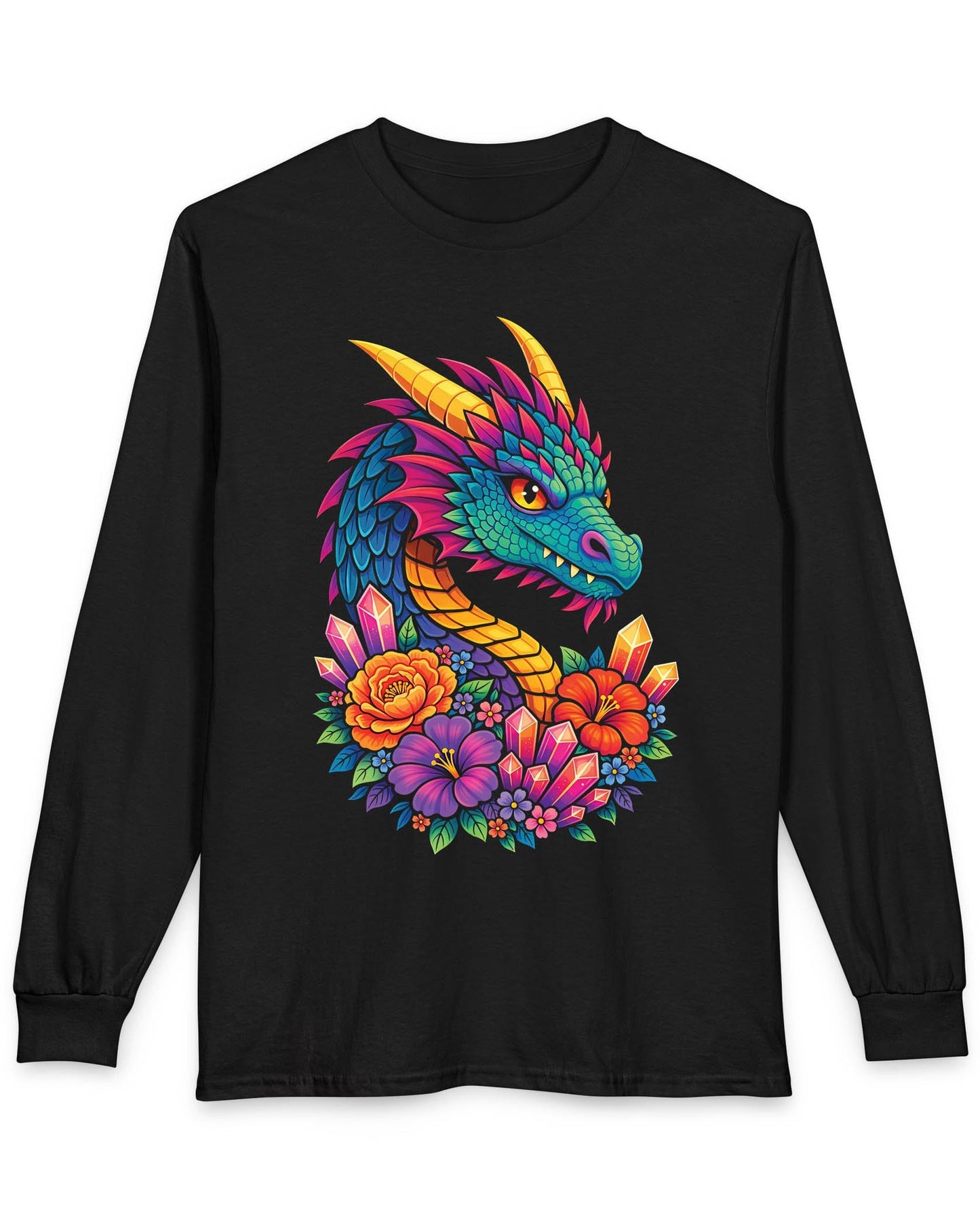Crystal Bloom Dragon shirt in black featuring a vibrant dragon surrounded by colorful flowers and glowing crystals