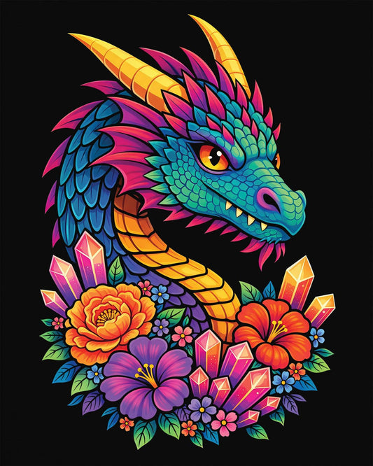 Crystal Bloom Dragon shirt in black featuring a vibrant dragon surrounded by colorful flowers and glowing crystals