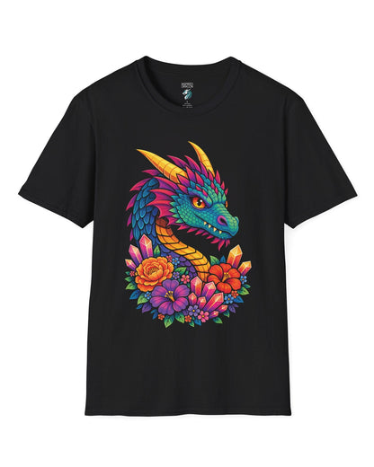 Crystal Bloom Dragon shirt in black featuring a vibrant dragon surrounded by colorful flowers and glowing crystals