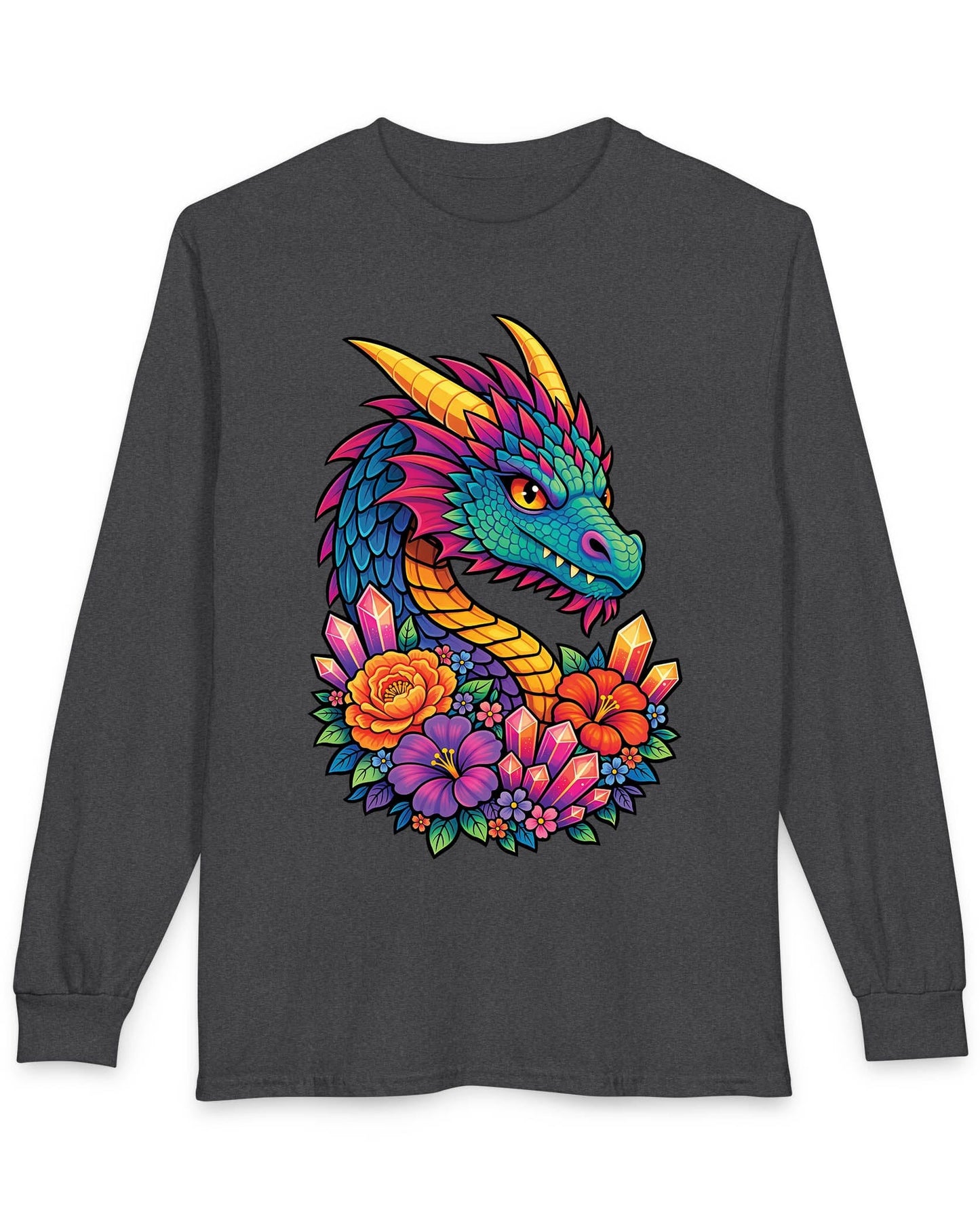 Crystal Bloom Dragon shirt in dark heather featuring a vibrant dragon surrounded by colorful flowers and glowing crystals