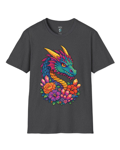 Crystal Bloom Dragon shirt in dark heather featuring a vibrant dragon surrounded by colorful flowers and glowing crystals