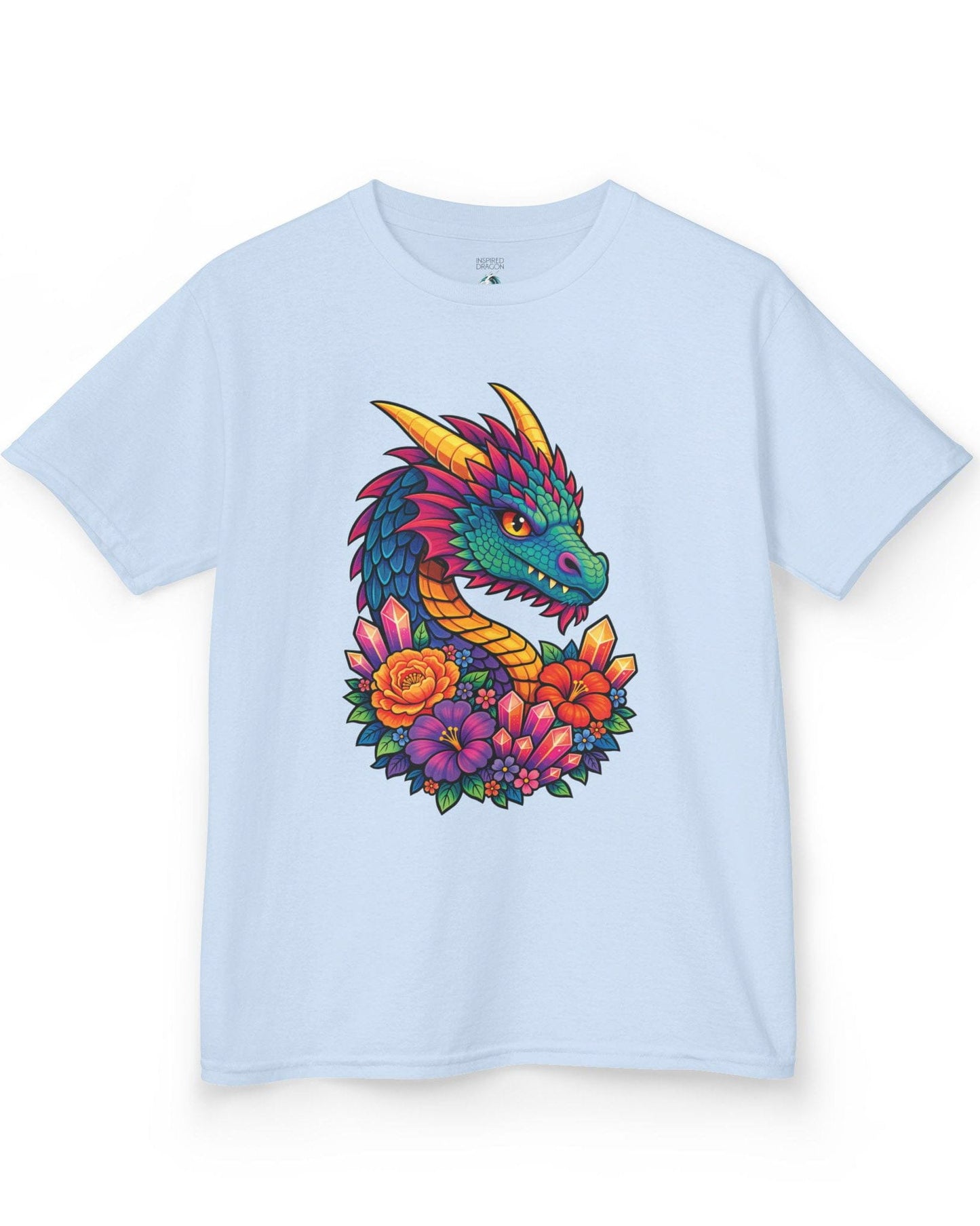 Crystal Bloom Dragon shirt in light blue featuring a vibrant dragon surrounded by colorful flowers and glowing crystals