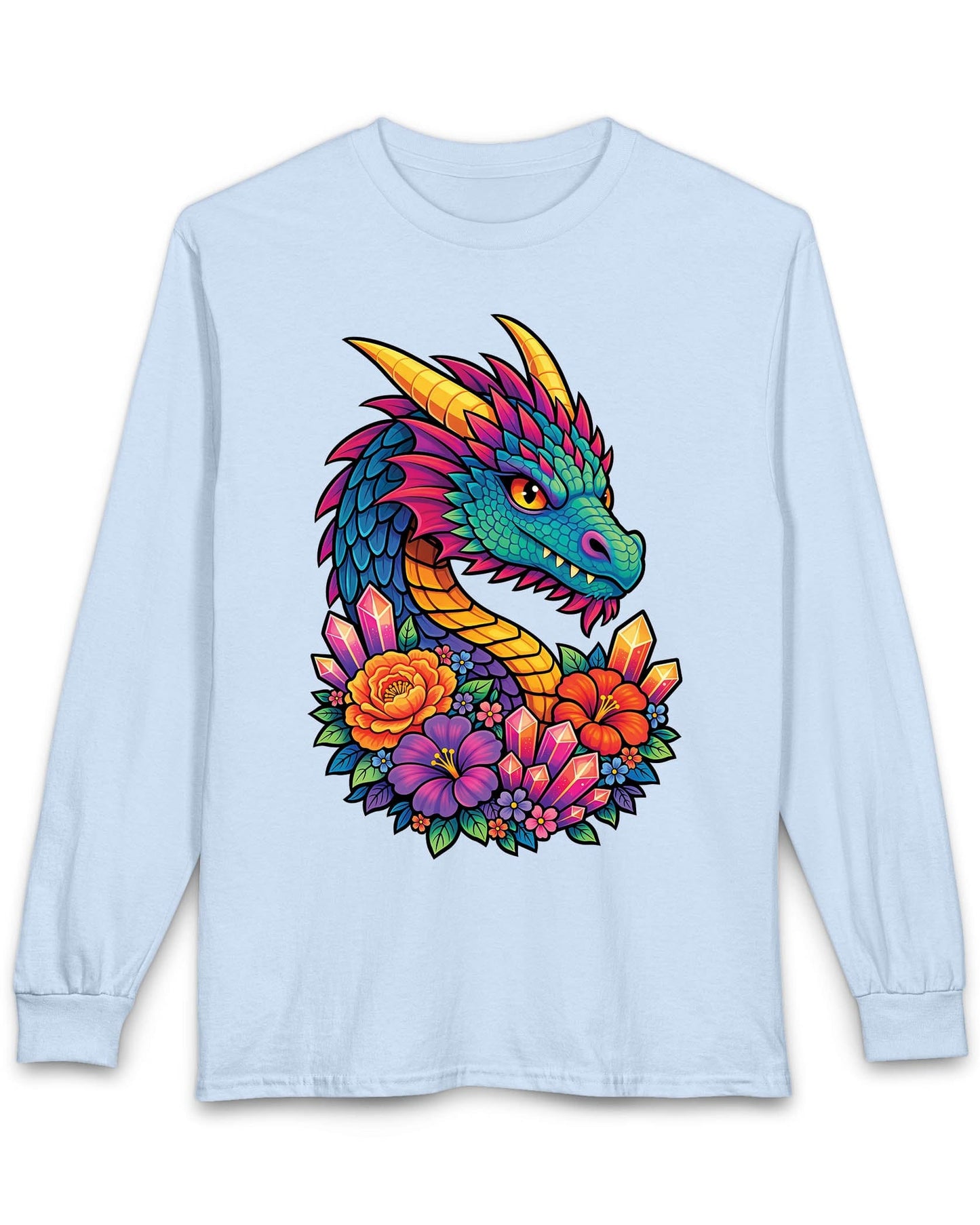 Crystal Bloom Dragon shirt in light blue featuring a vibrant dragon surrounded by colorful flowers and glowing crystals