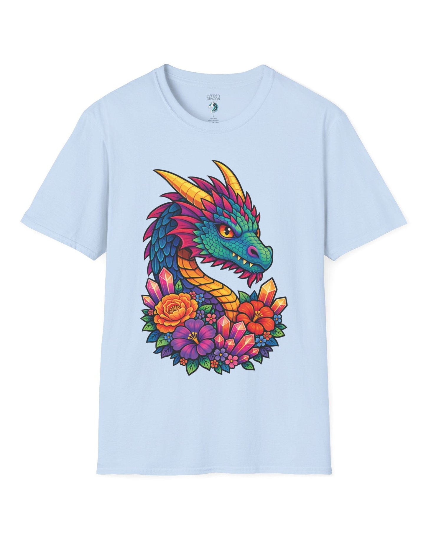 Crystal Bloom Dragon shirt in light blue featuring a vibrant dragon surrounded by colorful flowers and glowing crystals