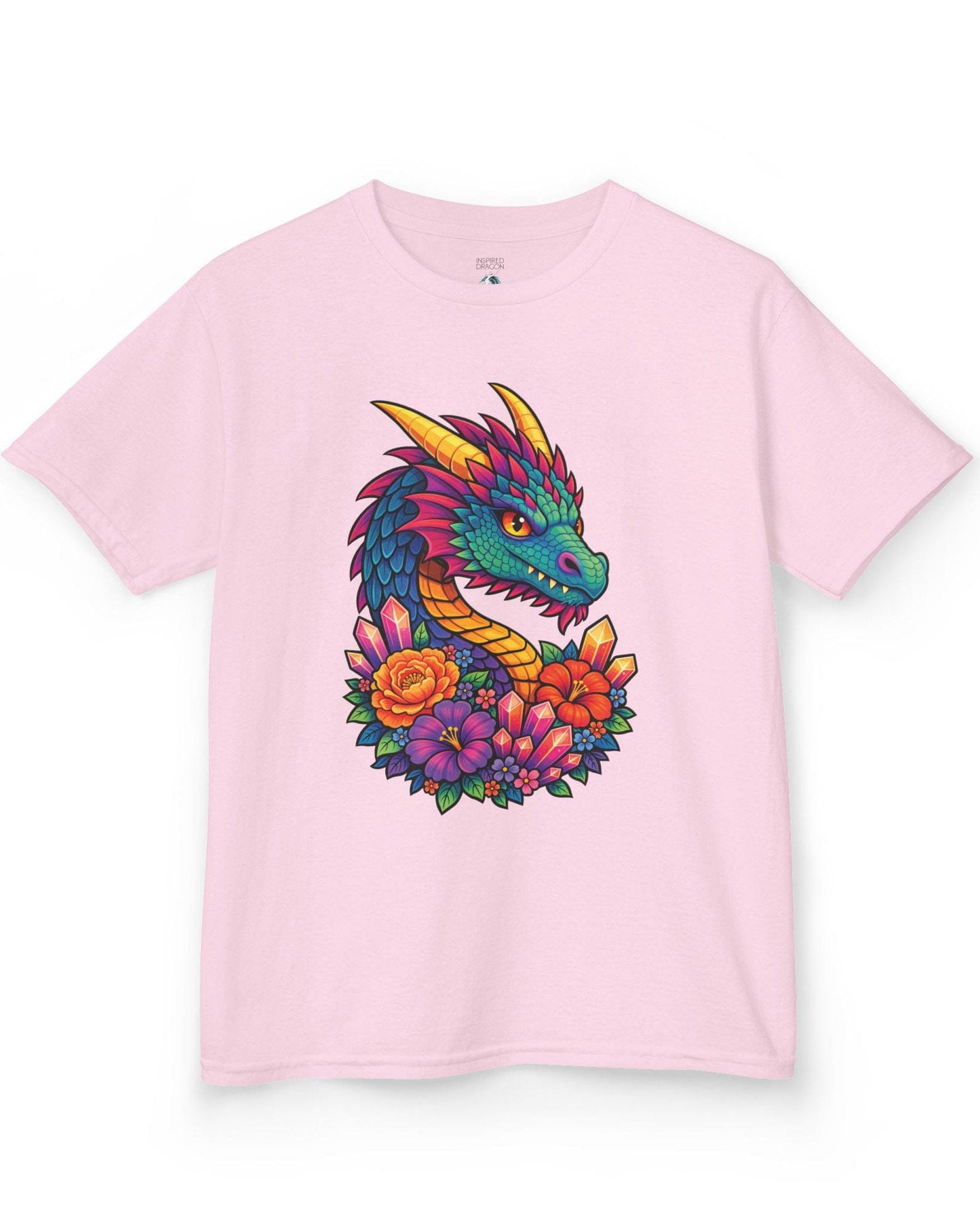 Crystal Bloom Dragon shirt in light pink featuring a vibrant dragon surrounded by colorful flowers and glowing crystals