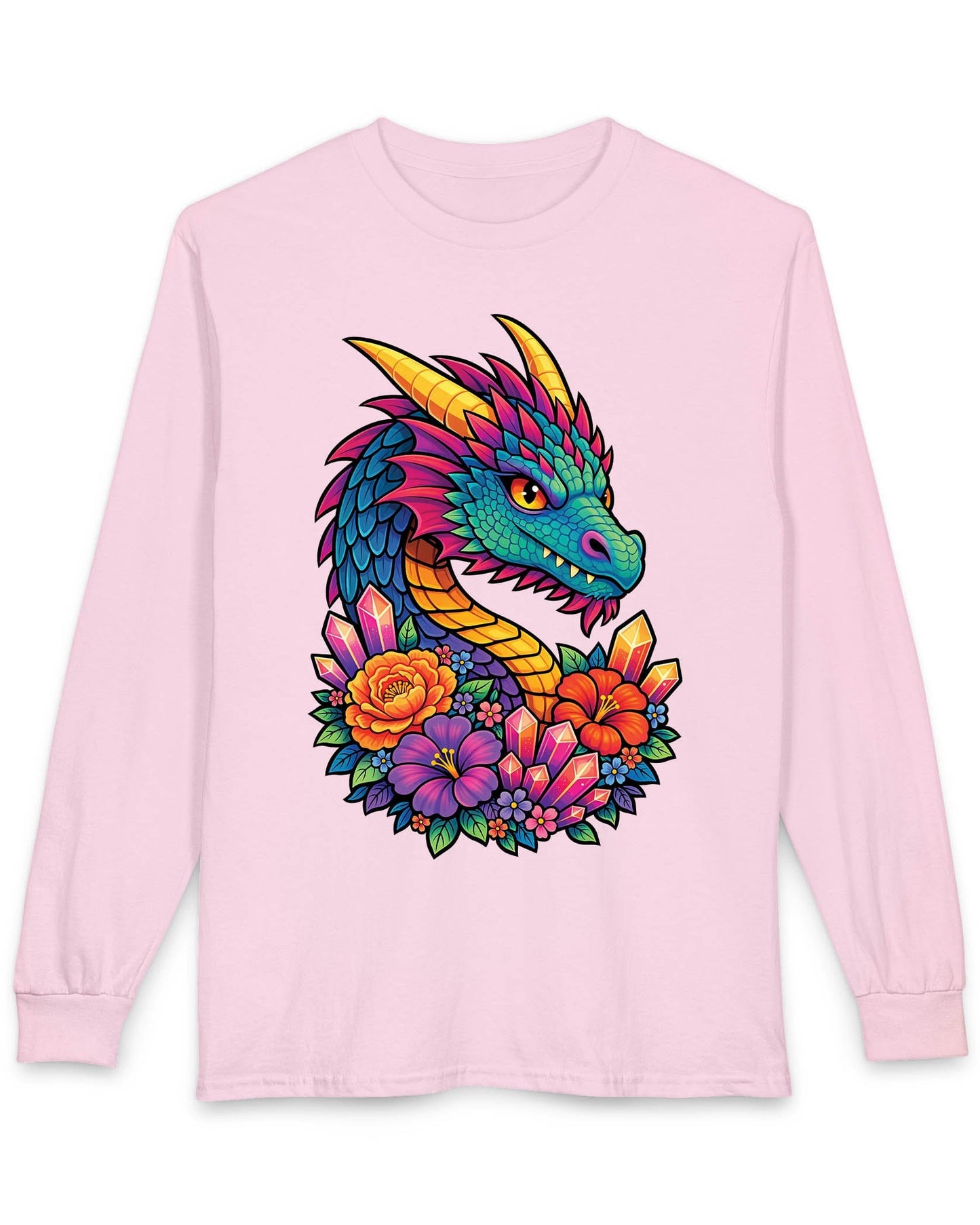 Crystal Bloom Dragon shirt in light pink featuring a vibrant dragon surrounded by colorful flowers and glowing crystals