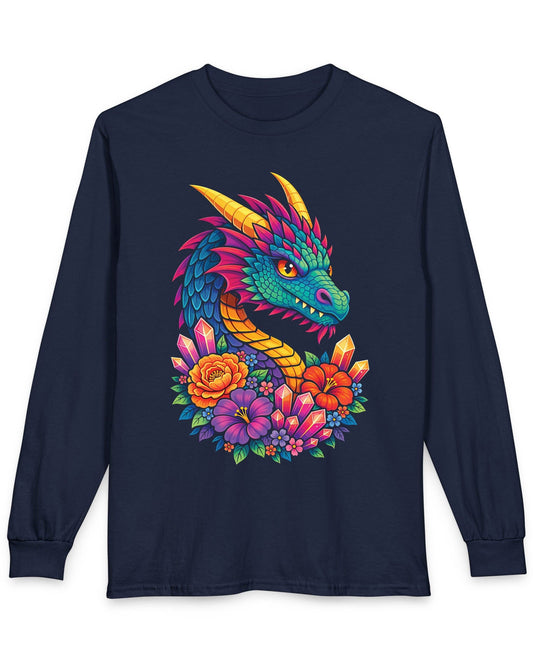 Crystal Bloom Dragon shirt in navy featuring a vibrant dragon surrounded by colorful flowers and glowing crystals