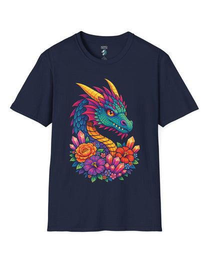 Crystal Bloom Dragon shirt in navy featuring a vibrant dragon surrounded by colorful flowers and glowing crystals