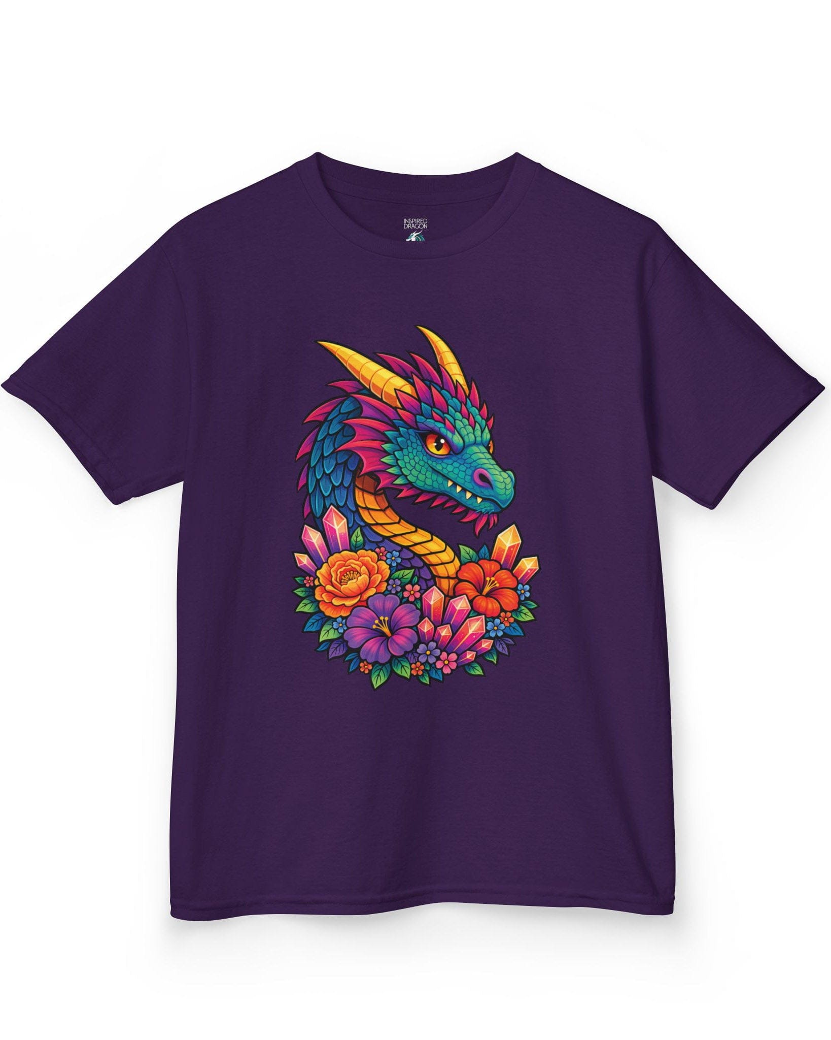Crystal Bloom Dragon shirt in purple featuring a vibrant dragon surrounded by colorful flowers and glowing crystals